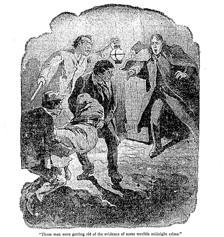 Illustration from William Le Queux, "The Mystery of Montmartre," *St. Louis Post-Dispatch* A sketch illustrating the scene, printed in the newspaper. Two men throw a wrapped body into a grave, supervised by another, while a fourth man shouts.