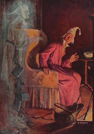 An illustration from a 19th century edition of A Christmas Carol, in which Jacob Marley's ghost visits Scrooge.